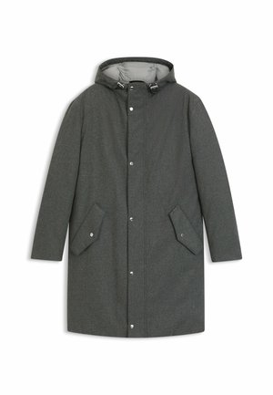 Cappotto impermeabile grigio con cappuccio, chiusure a pressione e due tasche laterali. Il materiale ha una finitura texturizzata con una fodera interna liscia.