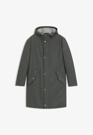 Grau wasserabweisender Mantel mit Kapuze, Druckknopfverschlüssen und zwei Seitentaschen. Das Material hat eine strukturierte Oberfläche mit einem glatten Innenfutter.