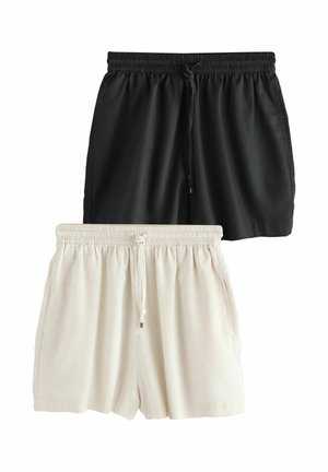 Dva páry neformálnych šortiek, jeden čierny a jeden béžový, oba s elastickými pásmi a šnúrkami, rozložené na bielom pozadí.