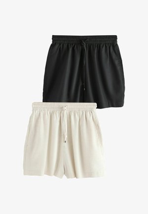 Două perechi de pantaloni scurți casual, unul negru și unul bej, ambele cu talie elastică și șnur, așezate pe o suprafață albă.