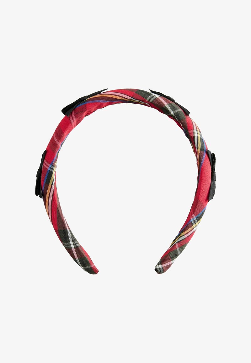 Rot karierter Haarreif aus glänzendem Stoff, akzentuiert mit schwarzem Zubehör, leicht geschwungene Form und seitlichen Schleifen für zusätzlichen Detailreichtum.