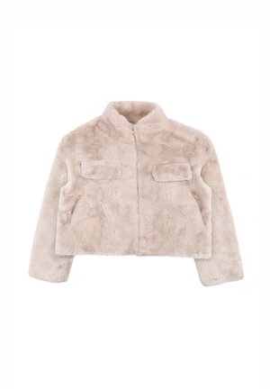 Giacca cropped in morbido e leggero ecopelliccia beige. Presenta un colletto alto, una cerniera frontale e due tasche sul petto con chiusura a pattina.