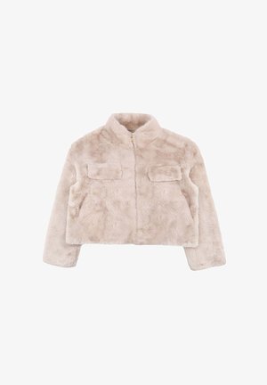 Giacca cropped in morbido e leggero ecopelliccia beige. Presenta un colletto alto, una cerniera frontale e due tasche sul petto con chiusura a pattina.