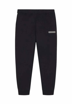 Pantalones deportivos negros ajustados con cintura y puños elásticos, que cuentan con un pequeño logo EA7 Emporio Armani en la parte superior de la pierna izquierda.