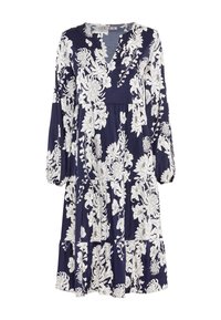 Navy blue midi-mekko, jossa on pitkät hihat, V-pääntie, kerroksellinen hame ja valkoinen kukkakuosi.
