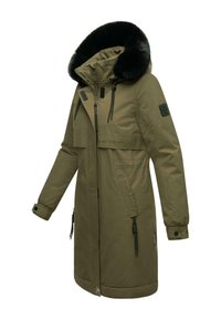 Olive green parka jacket with a faux fur hood, adjustable drawstrings, multiple pockets, and a relaxed fit. Textured fabric with a matte finish.