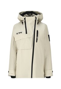 Helle beige wasserdichte Jacke mit durchgehendem Reißverschluss, verstellbarer Kapuze, mehreren Taschen und schwarzen Akzenten an Reißverschlüssen und Manschetten.