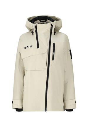 Light beige waterproof jacket with a zip front, adjustable hood, multiple pockets, and black accents on zippers and cuffs.