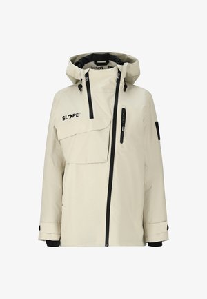 Light beige waterproof jacket with a zip front, adjustable hood, multiple pockets, and black accents on zippers and cuffs.