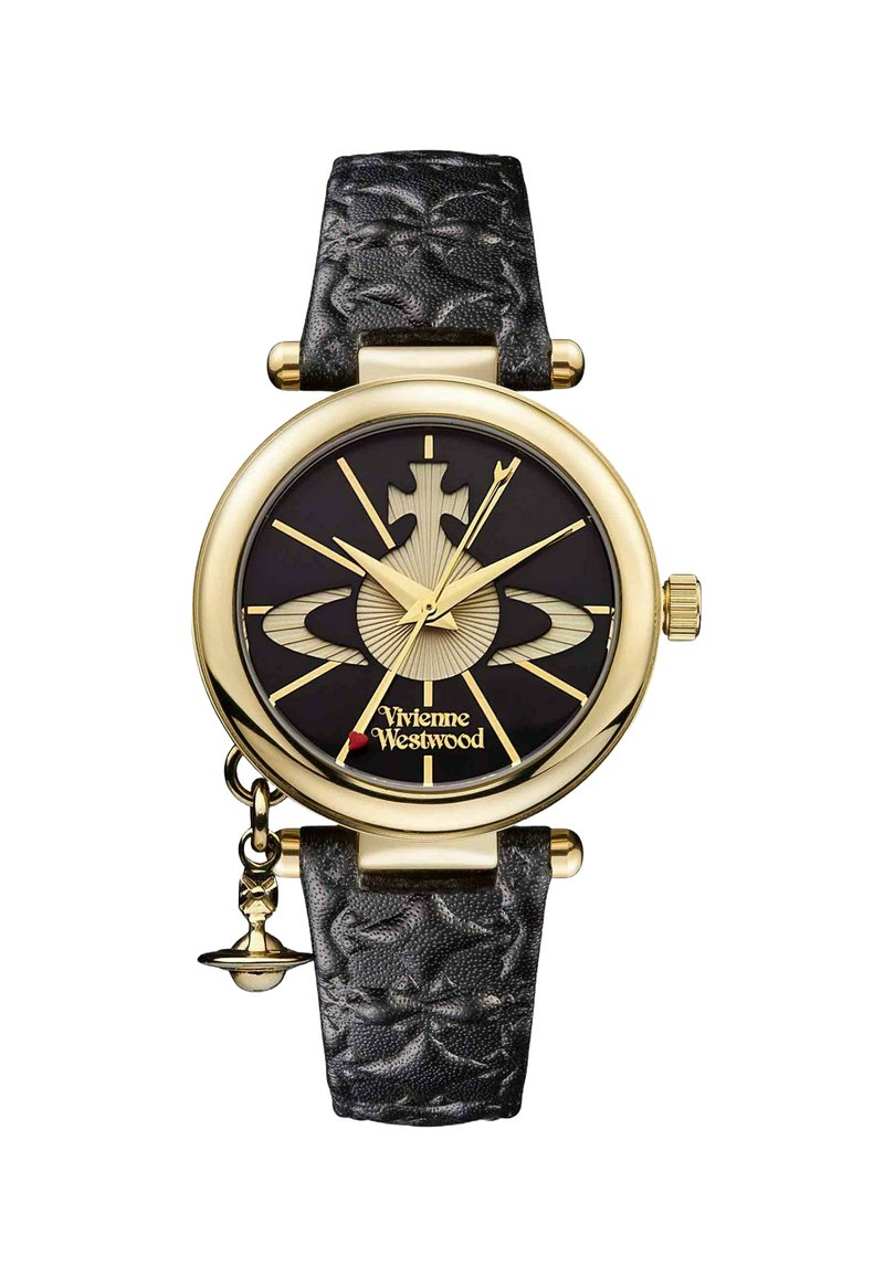 Goudkleurig horloge met een zwarte wijzerplaat, voorzien van gouden wijzers en atoomsymboolaccenten. Gestructureerde zwarte leren band met bedeldetail.