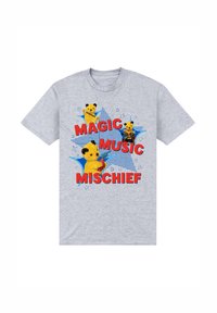 Šedé bavlněné tričko s třemi kreslenými medvídky, červeným nápisem "MAGIC MUSIC MISCHIEF" a modrými hvězdičkami a tečkami.
