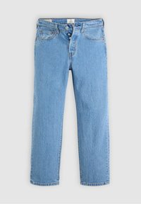 Jean en denim bleu clair avec une taille haute, fermeture à boutons, poches avant et arrière, présenté à plat sur un fond gris.
