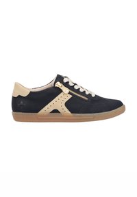Black and beige sneaker with a leather upper, perforated accents, a side zipper, and lace-up closure on a gum rubber sole.