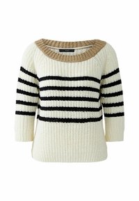 Pull en tricot avec un col rond beige, présentant des rayures horizontales noires sur un fond crème. Manches trois-quarts et tissu texturé.