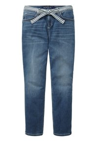 Jean en denim bleu avec un devant effacé, cinq poches, et une ceinture en tissu rayé blanc et marine nouée en nœud à la taille.