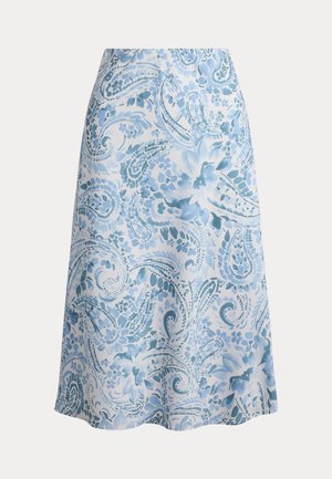 Mėlynos ir baltos spalvos A formos sijonas su gėlių ir paisley akvarelės raštu, iki kelių siekiančios ilgio, lygaus audinio, be matomų siūlių ar detalių.