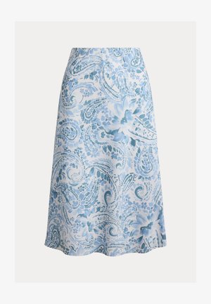 Fustă albastră și albă în formă de A, cu model floral și paisley în acuarelă, până la genunchi, țesătură netedă, fără cusături sau detalii vizibile.