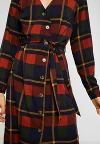 Ruudullinen mekko pitkillä hihoilla, V-pääntiellä, ruskeilla nappeilla ja solmittavalla vyöllä. Värit ovat punainen, vihreä, tummansininen ja keltainen ruutukuosissa.