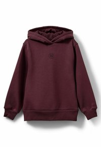 Bordeaux hoodie met een zachte textuur, voorzien van een centraal logo en ribgebreide manchetten en onderkant, ontworpen voor comfort en warmte.