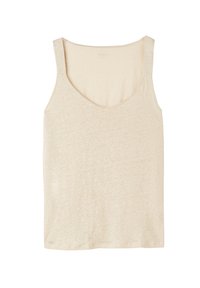 Beige tílko vyrobené z lehkého materiálu, s hlubokým výstřihem do V a širokými ramínky. Textura je hladká s jemným melírovaným vzorem.