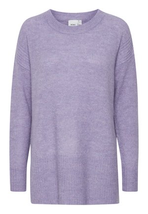Lavandas krāsas adīts džemperis ar apaļu dekoltē, garām piedurknēm un ribotām malām. Izgatavots no mīksta materiāla ar nedaudz faktūru.