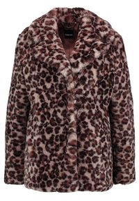 Abrigo de piel sintética con estampado de leopardo, solapas anchas, mangas largas y un ajuste relajado; textura suave con diferentes tonos de marrón y manchas negras.