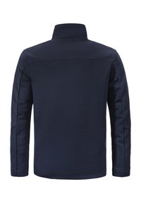 Dunkelblaue Fleecejacke mit hohem Kragen, strukturiertem Stoff und langen Ärmeln. Verfügt über einen nahtlosen Rücken und gerippte Bündchen.