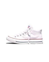 Valge kõrge säärega lõuendist toss koos valgete pitside, punase ja musta äärisega tallal ning logomärgiga keelel, näidatud küljelt valgel taustal.