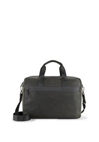 Bolso tote gris oscuro hecho de material texturizado. Presenta dos asas en la parte superior, una correa de hombro desmontable y un bolsillo frontal con cremallera que incluye un detalle del logo.