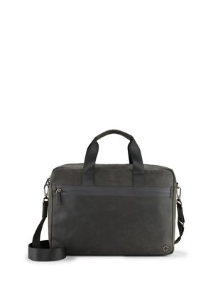Sac fourre-tout gris foncé en matériau texturé. Dispose de deux poignées supérieures, d'une bandoulière amovible et d'une poche zippée à l'avant avec un détail de logo.