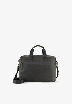 Borsa tote grigio scuro realizzata in materiale testurizzato. Presenta manici superiori doppi, una tracolla rimovibile e una tasca frontale con zip e dettaglio del logo.