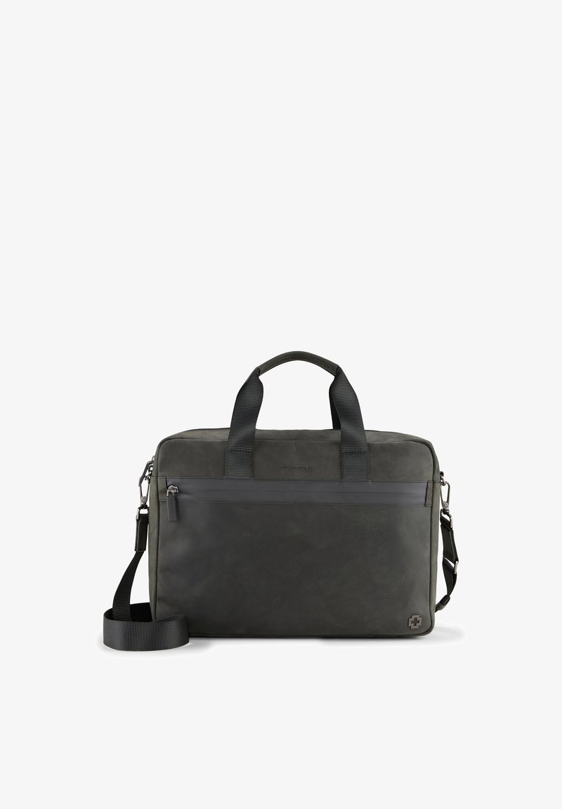 Bolso tote gris oscuro hecho de material texturizado. Presenta dos asas en la parte superior, una correa de hombro desmontable y un bolsillo frontal con cremallera que incluye un detalle del logo.