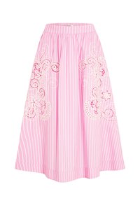 Falda midi de rayas verticales rosas y blancas con bordado de encaje floral recortado en ambos lados y cintura fruncida.