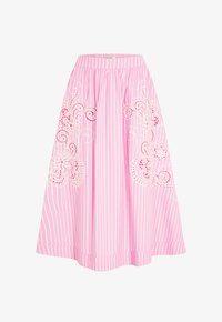 Falda midi de rayas verticales rosas y blancas con bordado de encaje floral recortado en ambos lados y cintura fruncida.