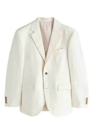 Fiatal férfi áll bent, krémszínű öltönyt, fekete inget és fekete papucsot visel, hátul üvegfal és zöld növényzet látható.