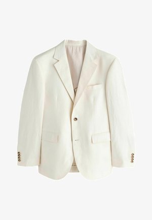 Ung mand stående indendørs iført en cremefarvet dragt, sort skjorte og sorte sandaler, med glasvæg og grønne planter i baggrunden.