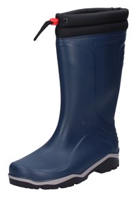 Navy rubber rain boot with a black neoprene cuff, adjustable drawstring, textured sole, and a smooth finish. Suitable for wet conditions.