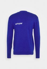 Blå tröja med långa ärmar, rund halsringning och en vit broderad logotyp på baksidan. Slät textur och figurnära design.