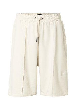 Pantaloni scurți de culoare crem până la genunchi, cu talie elastică și șnur, prevăzuți cu buzunare laterale și un logo subtil pe picior.