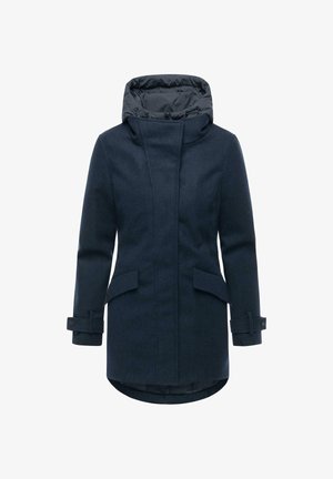 Cappotto esterno blu navy con cappuccio trapuntato, zip frontale, due tasche laterali e polsini delle maniche regolabili; realizzato in un morbido tessuto testurizzato.