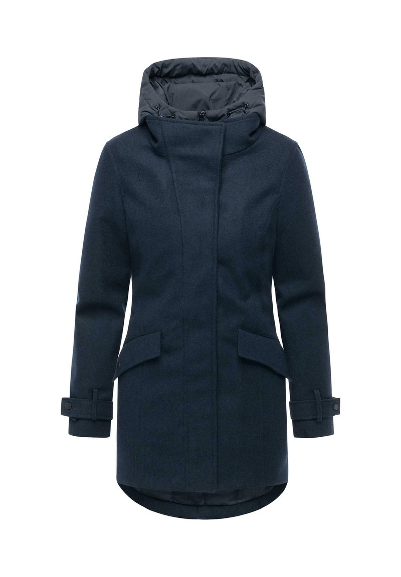 Navy blue outerwear coat with a quilted hood, front zip, two side pockets, and adjustable sleeve cuffs; made from a soft, textured fabric.