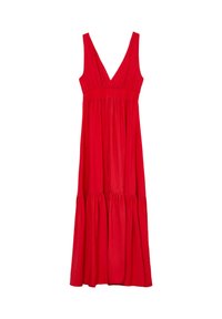 Abito maxi rosso senza maniche con profondo scollo a V, vita arricciata e gonna a strati fluida per aggiungere texture e movimento.
