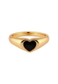Gold-toned metal ring featuring a heart-shaped cutout filled with black material, smooth finish, and tapered band design.