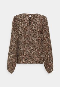 Musta pitkähihaisblusa, jossa on monivärinen abstrakti printti. Blusassa on pyöreä kaula-aukko ja avonainen selkäosa nappikiinnityksellä.