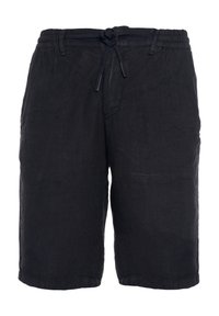 Czarne lniane szorty z elastycznym paskiem w talii i regulowanym sznurkiem. Tekstura wydaje się być miękka, lekka i przewiewna.