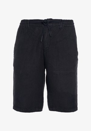 Shorts en lin noir avec une taille élastique et un cordon de serrage ajustable. La texture semble douce, légère et respirante.