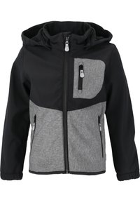Zwarte en grijze hooded jacket met een ritssluiting aan de voorkant, grijze zakaccents en elastische manchetten. Gestructureerde stof met een gladde afwerking.