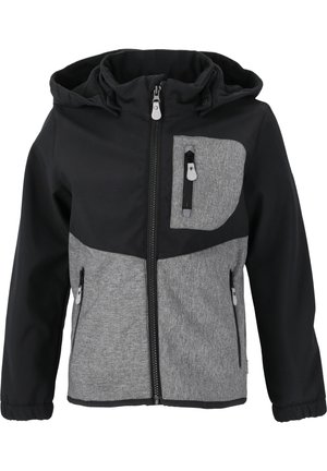 Schwarze und graue Kapuzenjacke mit einem Reißverschluss an der Vorderseite, grauen Taschenakzenten und elastischen Bündchen. Strukturiert mit glatter Oberfläche.