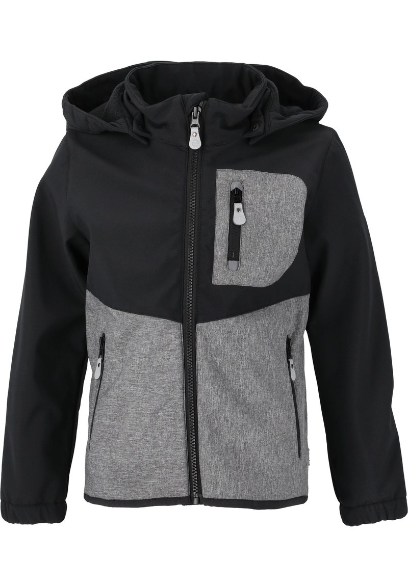 Zwarte en grijze hooded jacket met een ritssluiting aan de voorkant, grijze zakaccents en elastische manchetten. Gestructureerde stof met een gladde afwerking.