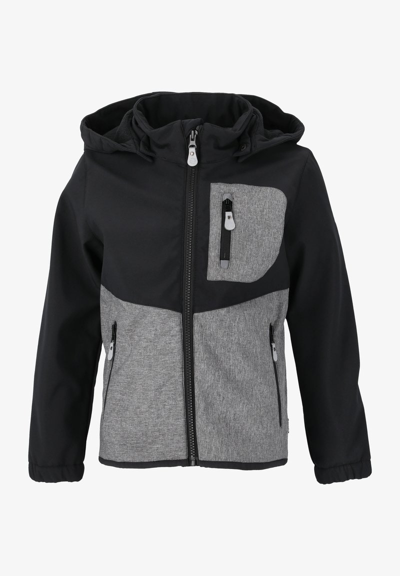 Black and grey hooded jacket with a zippered front, gray pocket accents, and elastic cuffs. Textured fabric with smooth finish.